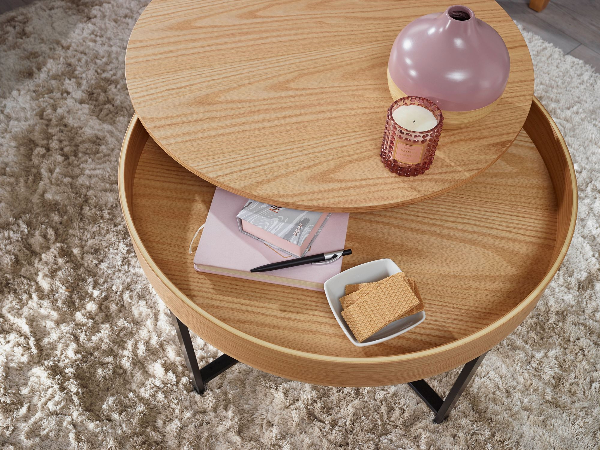 Couchtisch Rund Ø70Cm Stauraum Skandinavisches Design Eiche with Couchtisch Rund Mit Stauraum